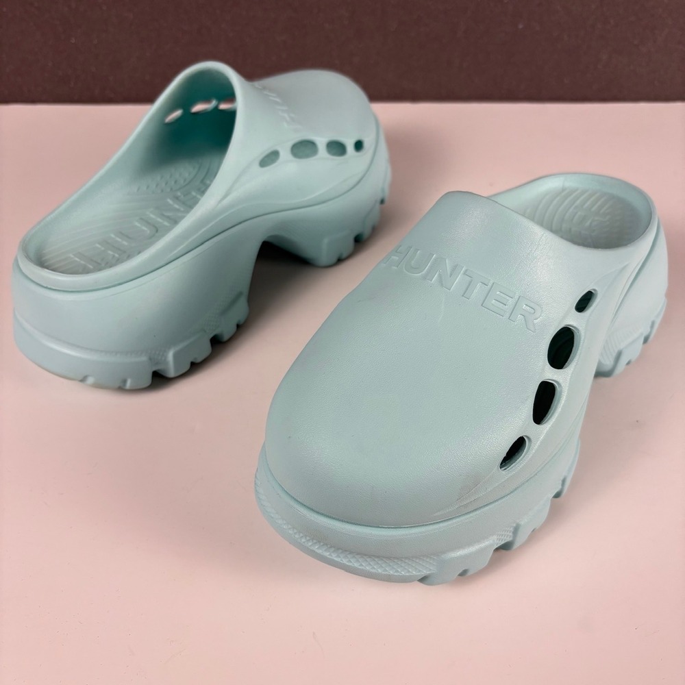 Hunter Play Lug Sole Clog Light Blue Platform‎ Mules Women's Size 7